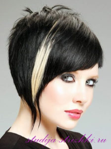 Женская асимметричная стрижка на короткие черные волосы, фото 1